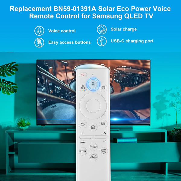 BN59-01391A Solar Voice Remote Replacement for Samsung Frame TV Remote with Bluetooth Rechargeable Solar Cell, Compatible with Samsung 2021-2023 Neo LED Smart 4K Ultra HD TV, 4 Shortcut Buttons, White